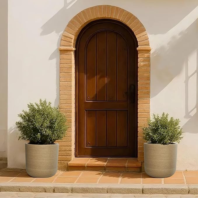 11" H Plant Pot, Resin Sandy Brushed Wood Texture Flower Planters with Drain Hole, Removable Rubber Stopper - for Most Plants and Flowers