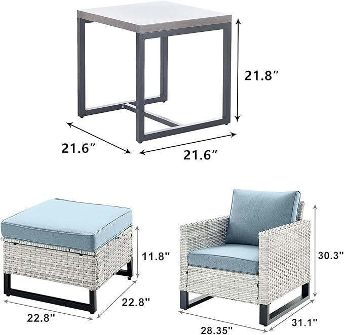 Wicker Outdoor Patio Furniture Set - 5 Piece Patio Conversation Set with 2 Wicker Armrest Chairs,2 Rattan Ottoman and 1 Metal Side Table for Outside Porch Deck Backyard Garden(Light Grey/Sky Blue)