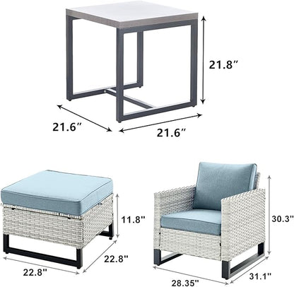Wicker Outdoor Patio Furniture Set - 5 Piece Patio Conversation Set with 2 Wicker Armrest Chairs,2 Rattan Ottoman and 1 Metal Side Table for Outside Porch Deck Backyard Garden(Light Grey/Sky Blue)