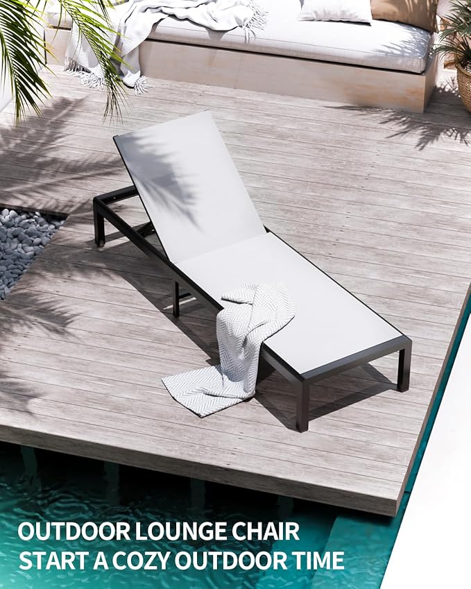 Aluminum Lounge Chairs Outdoor Chaise Furniture,2 Sets Patio Metal Deck Lounger Adjustable 5-Position Poolside Chase Recliner with Wheels for Beach,Coffee Table, (White, 2 Chairs + Table)