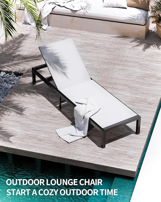 Aluminum Lounge Chairs Outdoor Chaise Furniture,2 Sets Patio Metal Deck Lounger Adjustable 5-Position Poolside Chase Recliner with Wheels for Beach,Coffee Table, (White, 2 Chairs + Table)