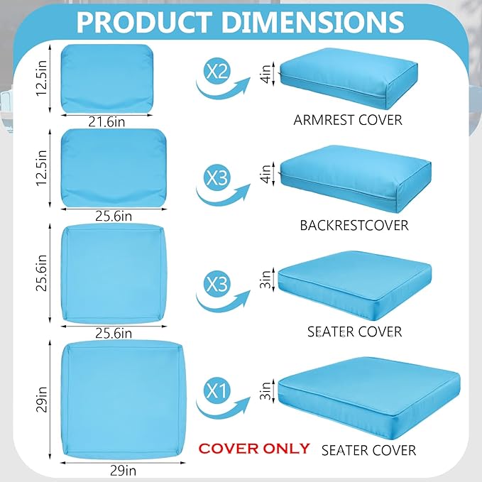 9 Piece Outdoor Patio Waterproof Cushion Covers, Fits 4-Seat Wicker Rattan Sectional Couch Chair Furniture Cover Replacement Set - Fade-Resistant Patio Cushion Covers with Zipper