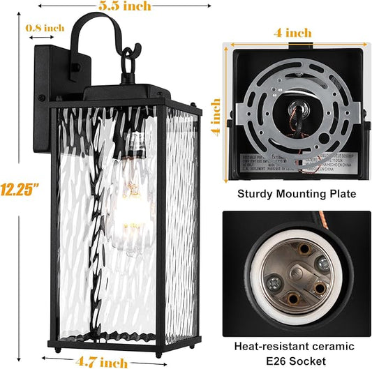 12 Inch Outdoor Wall Sconces with Water Ripple Glass 2-Pack, IP65 Waterproof Matte Black Exterior Light Fixtures Outside Lights for House Front Porch Lanterns Patio Garage Lights, E26