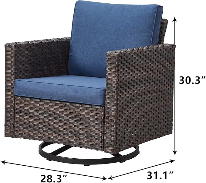 Rilyson Outdoor Patio Swivel Rocker Chairs - Wicker Patio Swivel Rocking Chairs Set of 2 with Waterproof Wicker,Comfortable Cushions and Sturdy Metal Frame for Outside Porch Deck Backyard(Brown/Blue)