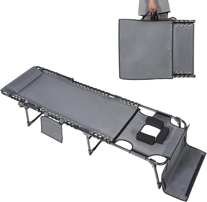 MUPATER Patio Chaise Lounge Chair for Outdoor with Face Hole, 4-Fold Adjustable Backrest, Removable Pillow and Detachable Pocket, Portable Sun Lounger Recliner for Beach, Camping and Pool, Grey