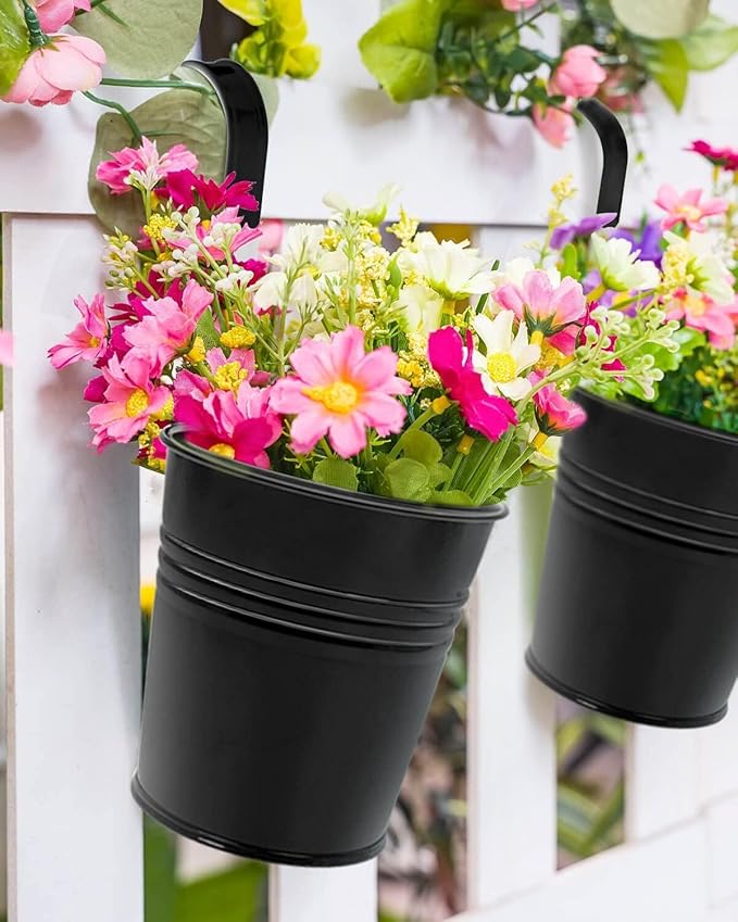 12 Pack Railing Planter for Outdoor Plants - 4 Inch Small Balcony Hanging Flower Pots with Detachable Hooks and Drain Holes Metal Oval Bucket Rail Box Fence Planters for Home Garden Decor, Black