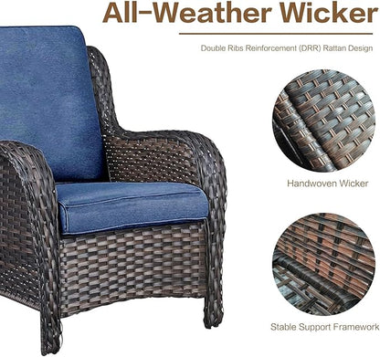 3 Pieces Patio Furniture Conversation Set PE Rattan Wicker Outdoor with 2 Armrest Chair and 1 Coffee Side Table, Soft Thick Washable Cushion for Yard Backyard Poolside (Brown/Navy Blue)