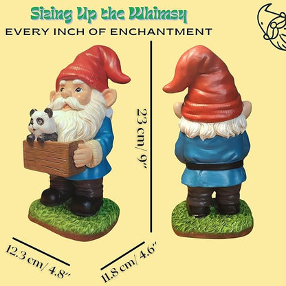 Panda Gnome Garden Statue - 9 Inch Funny Outdoor Gnomes with Wooden Sign - Weather Resistant Yard and Home Decor - Unique Gift for Women, Men, Present for Christmas & Garden Enthusiasts