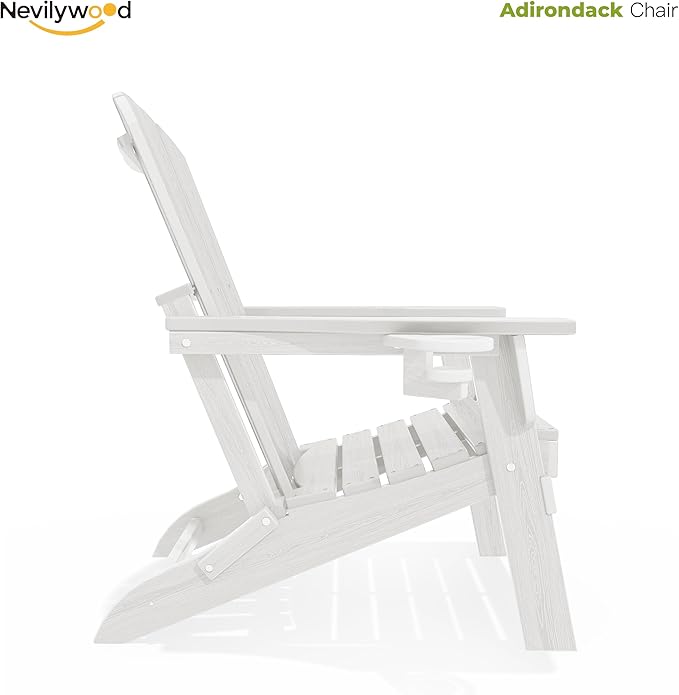 nevilywood Folding Adirondack Chair, Ergonomic Extended Backrest, HDPE All-Weather, 380lbs Capacity, Maintenance-Free, Cup Holder, （White）- Outdoor Patio & Firepit Chair