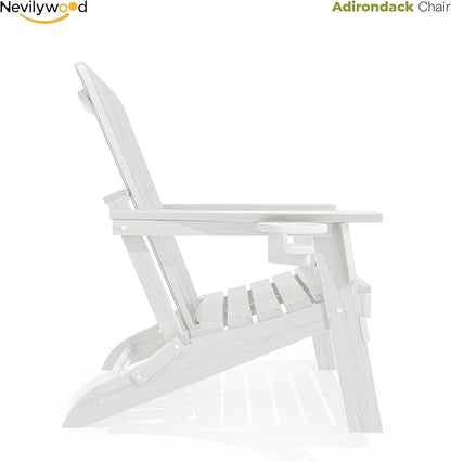 nevilywood Folding Adirondack Chair, Ergonomic Extended Backrest, HDPE All-Weather, 380lbs Capacity, Maintenance-Free, Cup Holder, （White）- Outdoor Patio & Firepit Chair