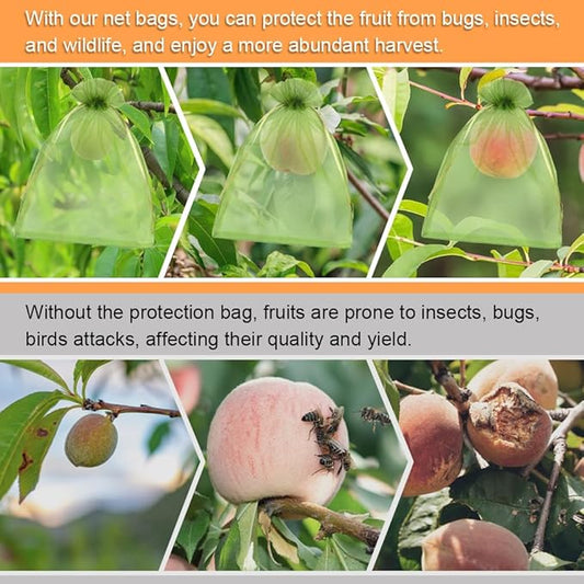 Shintop 100Pcs Fruit Protection Bags, 6x9 Inch Green Fruit Tree Netting Cover Drawstring Mesh Tomato Bags Pest Barrier for Apples Mango