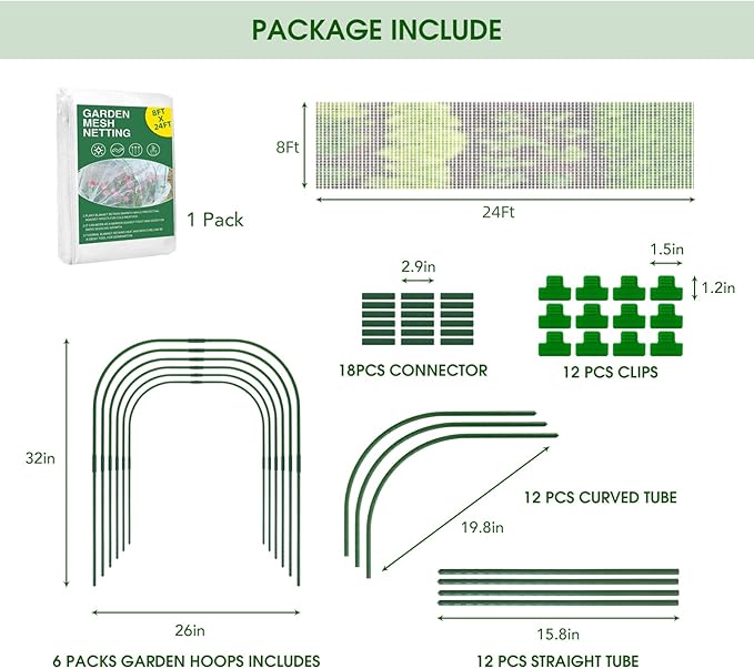 Garden Netting Kit for Raised Beds, 8x24Ft Ultra Fine Mesh Netting with 6 Sets Garden Hoops, Plant Row Cover Insect Netting Birds Pest Barrier Net for Vegetable Fruit Flowers