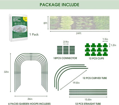Garden Netting Kit for Raised Beds, 8x24Ft Ultra Fine Mesh Netting with 6 Sets Garden Hoops, Plant Row Cover Insect Netting Birds Pest Barrier Net for Vegetable Fruit Flowers