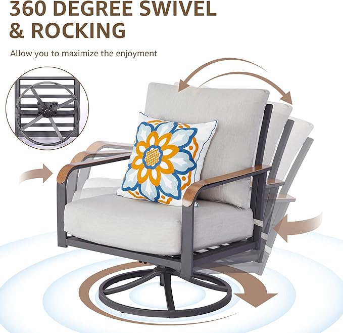 NATURAL EXPRESSIONS 5 Piece Patio Furniture Set, Outdoor Conversation with 4 Pcs Swivel Rocking Chairs and 27" Double-Layer Coffee Table 6" Thick Cushions for Balcony, Backyard, Deck (Light Gray)