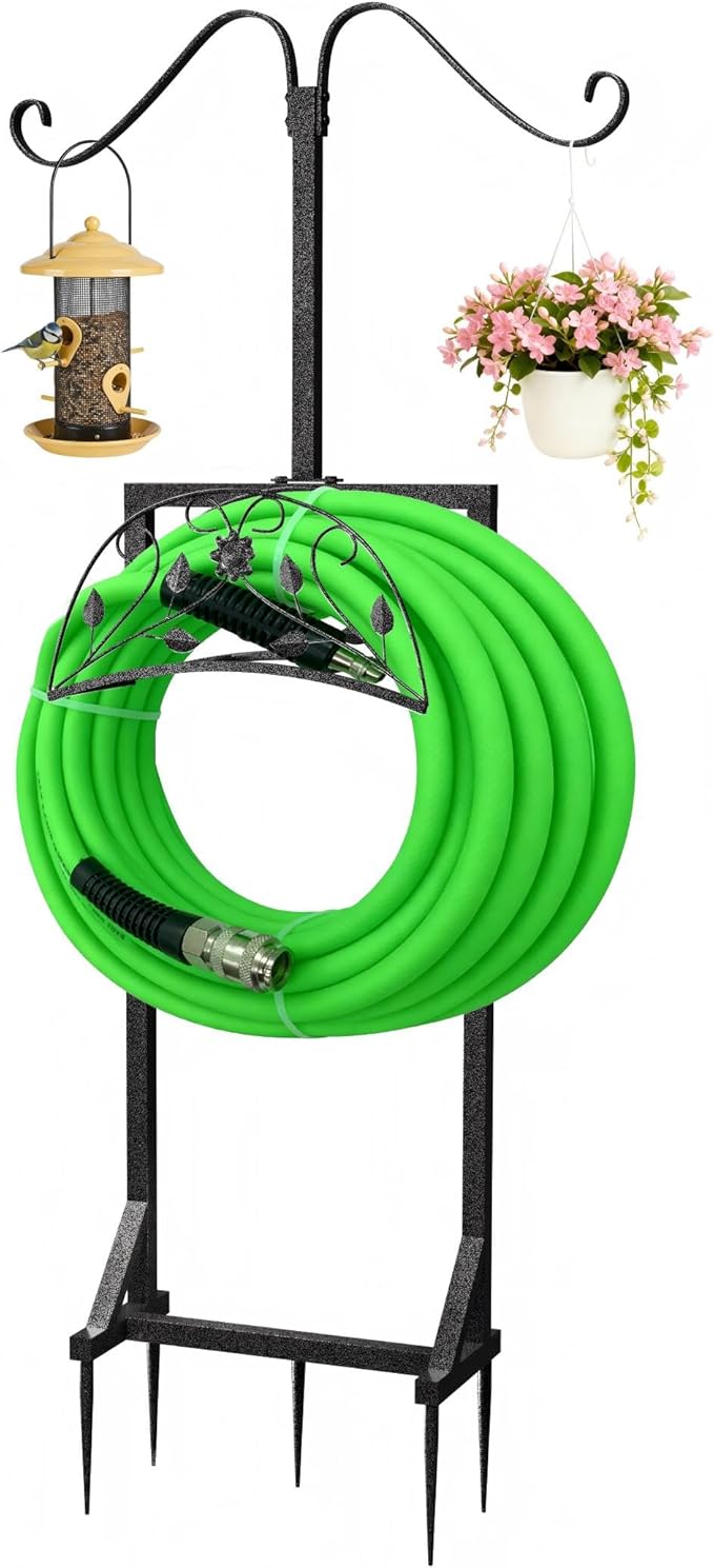 Garden Hose Holder Outside: Water Hose Stand with 2 Shepherds Hooks for Lawn Yard