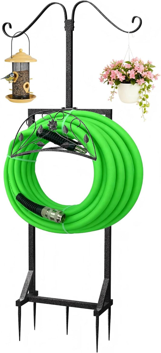Garden Hose Holder Outside: Water Hose Stand with 2 Shepherds Hooks for Lawn Yard