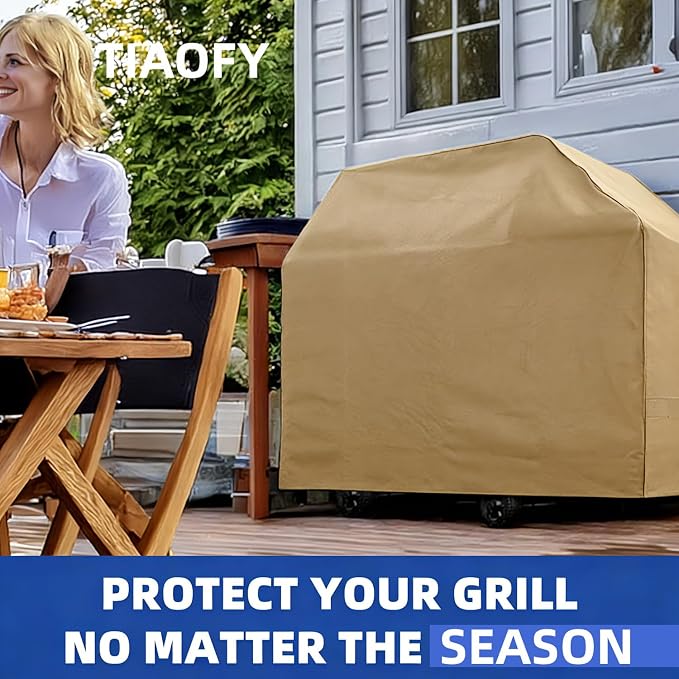 BBQ Gas Grill Cover for Outdoor, Anti-UV, Rip-Proof, 600D Oxford Fade Resistant Material, Barbecue Cover with Hook and Loop Straps & Adjustable Hem Drawstring (Beige, 55”x23”x42”)