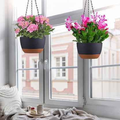 Set of 2 Hanging Planters for Indoor Outdoor Plants, 10 Inch Self-Watering Hanging Flower Pots with Drainage Hole & Removable Water-Storage Tray (Hooks)