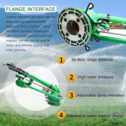 Impact Sprinkler with Pressure Gauge, 360° Slow Speed Rotation Large-Area Watering Spray 1.5" Farm Irrigation Spray Gun for Farmland Irrigation System