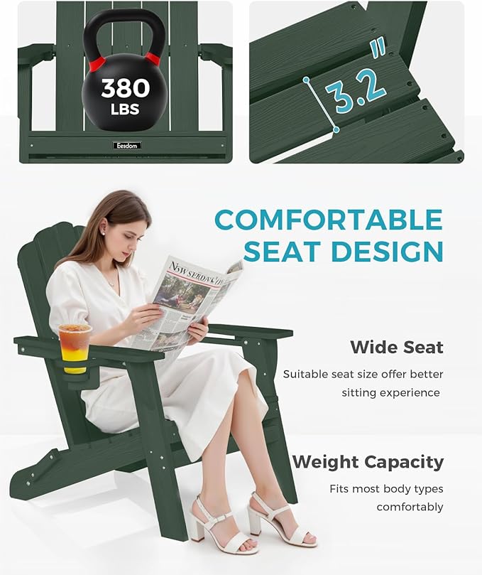 Adirondack Chair, HDPE Material Fire Pit Chairs, Plastic Adirondack Chairs with 2 Cup Holder, Outdoor Lawn Chair for Patio Garden, Green