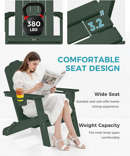 Adirondack Chair, HDPE Material Fire Pit Chairs, Plastic Adirondack Chairs with 2 Cup Holder, Outdoor Lawn Chair for Patio Garden, Green