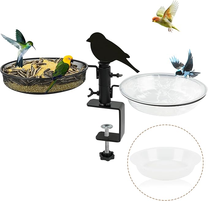 Bird Feeder 3 Inch Clamp for Deck Railings - Heavy Duty Adjustable Clamp with Metal Tray & 2 Detachable Bowls, All-in-One Backyard Gift to Attract Cardinals, Finches to Balcony, Porch, Patio