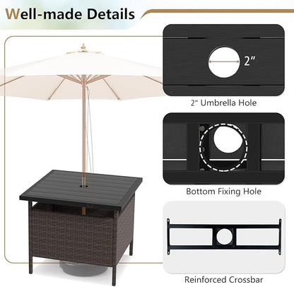 Giantex Umbrella Table, Outdoor Side Table with 2" Umbrella Hole, Rattan Umbrella Stand Holder, Heavy Duty Metal Frame, Patio Bistro Table for Deck Garden Poolside, Mix Brown (HDPE Tabletop)