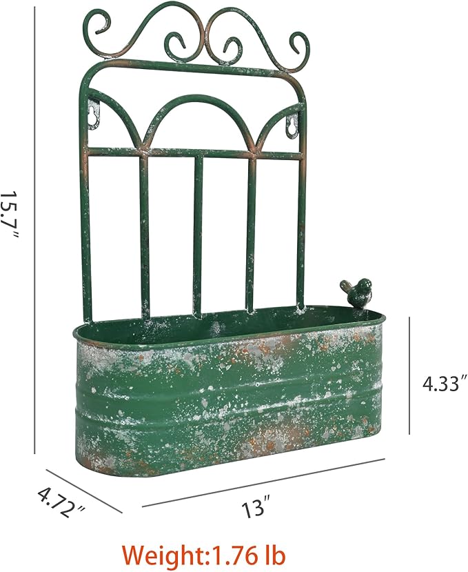 Rustic Metal Wall Planter Country Garden Wall Hanging Mount Vase Pocket Outdoor Vintage Hanging Pot Farmhouse Wall Decor for Plants Flowers (Green)