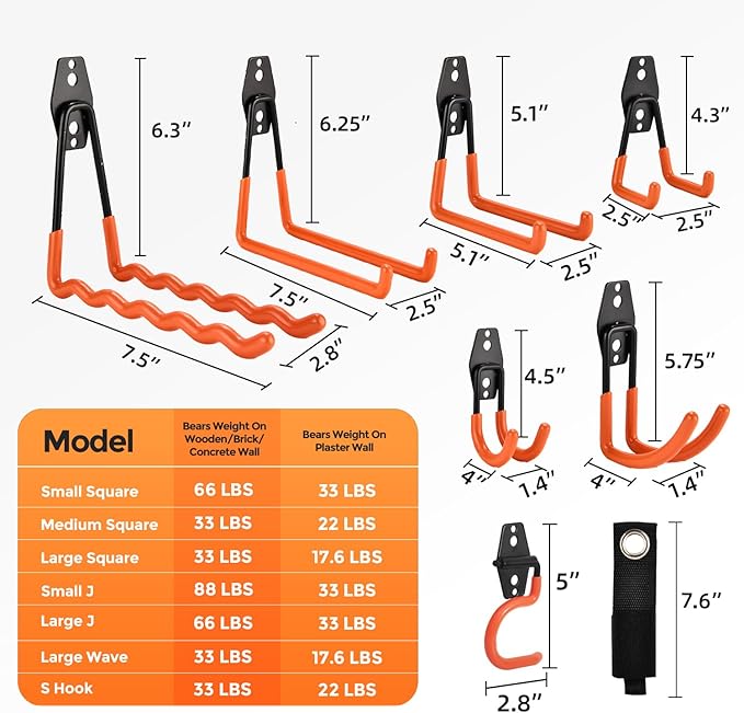 Garage Hooks 16 Pack Utility Steel Garage Storage Hooks with Anti-Slip Coating, Heavy Duty Mount Hooks for Hanging Bike, Ladder Garden Tool Organizer