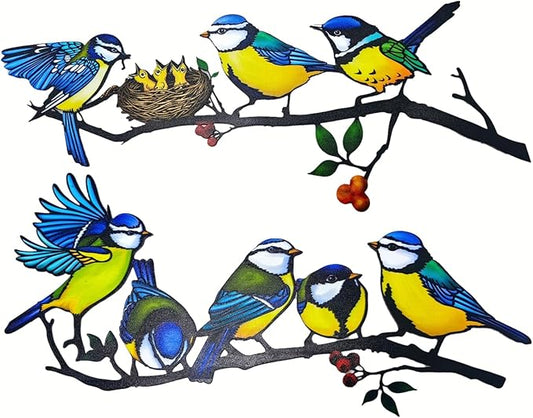 Meduofon Metal Bird Wall Decor, Vivid Feed the Bird Metal Wall Art Lovely Hummingbird Outdoor Decor Suitable for Porch Fence Garden Patio Outdoor Indoor Wall Decorations (2 Pack Multiple Birds Blue)