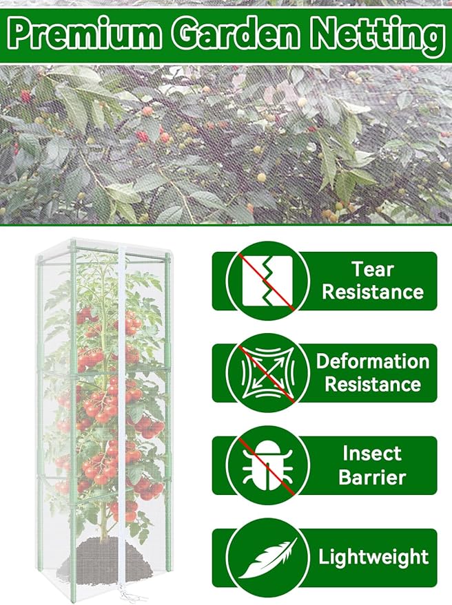 ZeeDix 45" x 16.1" Garden Bird Netting for Triangle Tomato Cage, 4 Pack Garden Mesh Barrier, Plant Covers Protect Tomatoes, Vegetables, Blueberry Bush from Birds & Pests