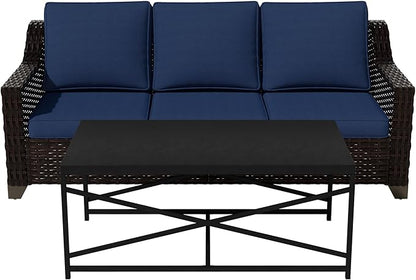Vista Vibe 2 Pieces Outdoor Patio Conversation Furniture Set - 78" 3-seat Sofa | Metal Coffee Table, Deep Seat Loveseat, Removable Cushions, Hand-Woven PE Rattan Couch, Lawn (Brown/Navy)