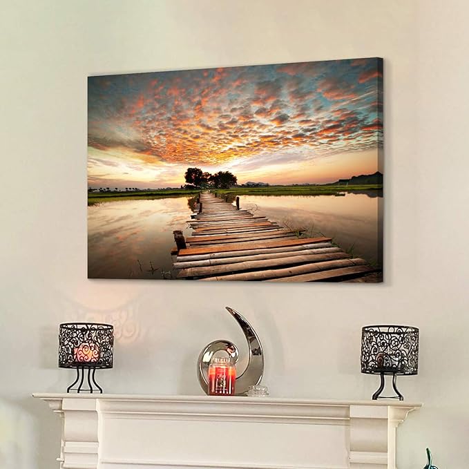 Hardy Gallery Lake Bridge Canvas Picture Artwork: Wooden Bridge Painting Sunset Landscape Wall Art Print for Living Room (45” x 30” x 1 Panel)