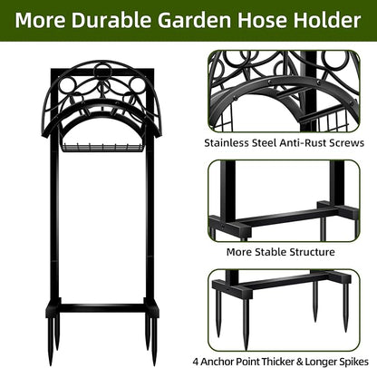Garden Hose Holder – Detachable Water Hose Holders Stand, Holds 160-Feet Hose, Freestanding Metal Hose Storage Hanger Rack with Storage Basket for Outside Yard Lawn Farm