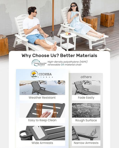 Ciokea Chaise Lounge for Outdoor, Patio Lounge Chairs for Outside, Chaise Lounge Chair with 6 Positions, HDPE Lounge Chair with Cup Holder for Pool Poolside Deck Backyard Lawn, Grey