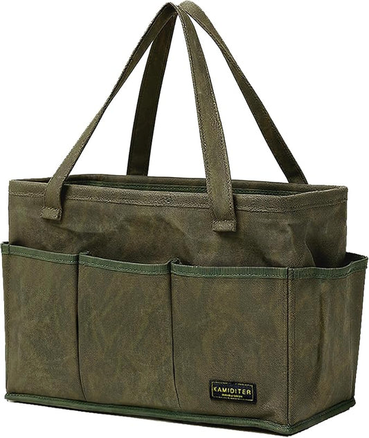 Tool Bag with Metal Frame, Waxed Canvas Wide Open Top Tool Tote Bag with 10 External Pockets, 15.5 x 7.5 x 10.5 Inches (ArmyGreen)