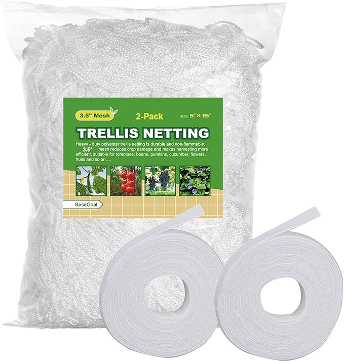 BaseGoal All-Weather Trellis Netting Mesh Plant Garden Vine Growing Flexible String Net (3.5" Mesh 5' x 15'-2Pack)