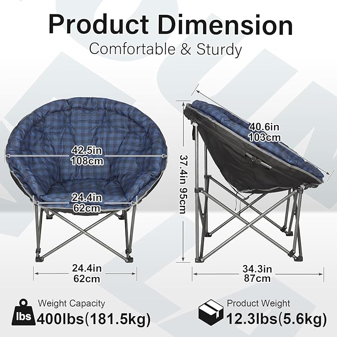 Oversized XXL Folding Round Camping Chair,Super Comfy Padded Moon Camp Chairs,Heavy Duty Supports 200 Kg Outdoor Lawn Chairs for Adults,Perfect for Indoor,Family Camping,Hiking,Picnics and Garden