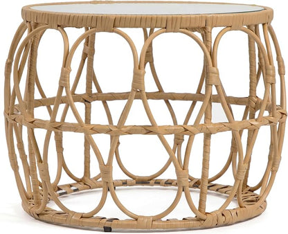 Furniture of America Ysar Boho Rattan Round Coffee Table Outdoor with 5mm Tempered Glass Top, All-Weather and Rust Resistant Patio Furniture