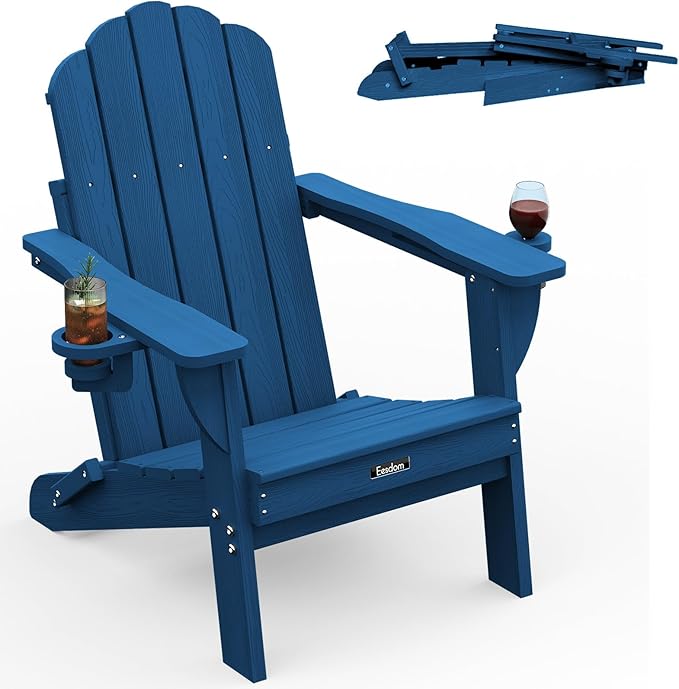 Folding Adirondack Chair,All-Weather HDPE Fire Pit Chair with 2 Cup Holders, Plastic Outdoor Chair for Patio Deck Garden Lawn, NavyBlue