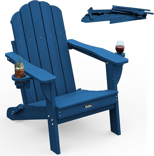 Folding Adirondack Chair,All-Weather HDPE Fire Pit Chair with 2 Cup Holders, Plastic Outdoor Chair for Patio Deck Garden Lawn, NavyBlue