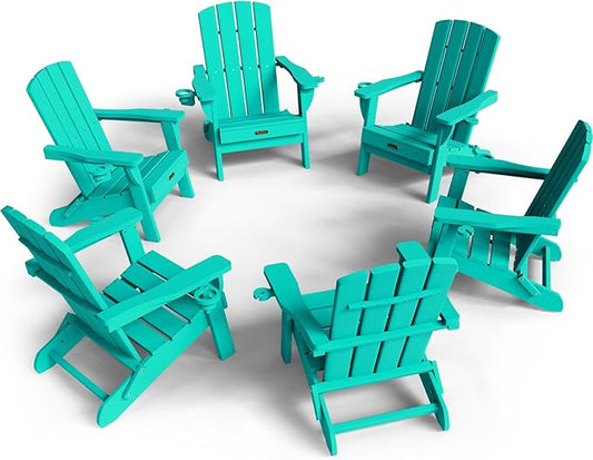 Folding Adirondack Chair 6 Pack, HDPE All-Weather Fire Pit Chairs, Plastic Adirondack Chairs with 2 Cup Holder, Outdoor Lawn Chair for Patio Garden (Lake Blue)