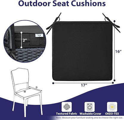 Outdoor Chair Cushions Set of 4,Waterproof Outdoor Seat Cushions for Patio Furniture,Patio Chair Cushion with Handle and Ties, Square Out Door Chair Pads,17" x 16" x 2", Black