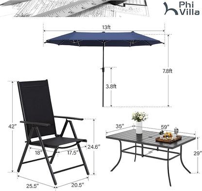 PHI VILLA Outdoor Patio Dining Set for 6 with Umbrella, Rectangle Patio Table and Chairs Set with 6 Adjustable Folding Patio Chairs(Black) & 13 Ft Blue Patio Umbrella