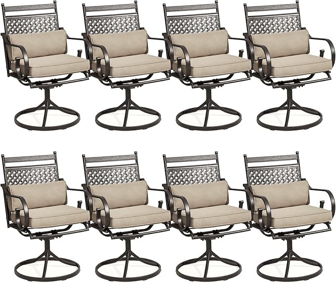MELLCOM Patio Swivel Chair Set of 8, Heavy Duty Outdoor Dining Chairs with Cushions and Lumbar Pillows, Metal Patio Chairs Gentle Rocker for Outside, Garden Lawn & Porch, Backyard, Khaki