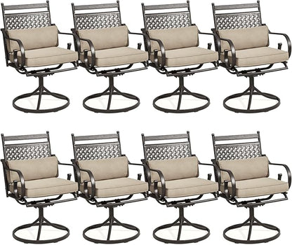 MELLCOM Patio Swivel Chair Set of 8, Heavy Duty Outdoor Dining Chairs with Cushions and Lumbar Pillows, Metal Patio Chairs Gentle Rocker for Outside, Garden Lawn & Porch, Backyard, Khaki
