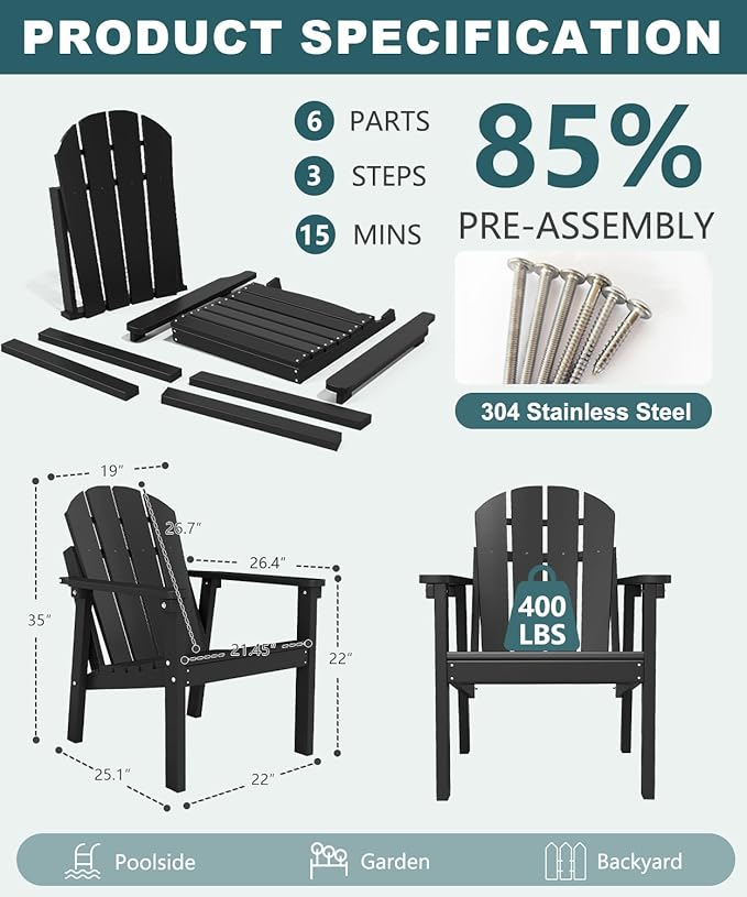 Adirondack Chair Set of 4, All Weather HDPE Fire Pit Chairs, Oversized Plastic Adirondack Chair for Outdoor, Balcony, Deck, Backyard, Patio, Garden, Poolside, Lawn Black