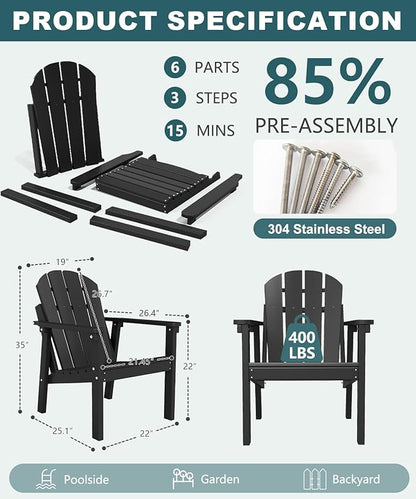 Adirondack Chair Set of 4, All Weather HDPE Fire Pit Chairs, Oversized Plastic Adirondack Chair for Outdoor, Balcony, Deck, Backyard, Patio, Garden, Poolside, Lawn Black