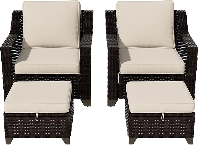 VistaVibe 4 Pieces Outdoor Patio Conversation Furniture Set - 2 Luxurious Armchairs | 2 Wicker Ottomans, Removable Cushions, Hand-Woven PE Rattan, Office, Porch (Brown/Beige)