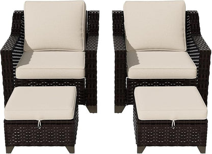 VistaVibe 4 Pieces Outdoor Patio Conversation Furniture Set - 2 Luxurious Armchairs | 2 Wicker Ottomans, Removable Cushions, Hand-Woven PE Rattan, Office, Porch (Brown/Beige)